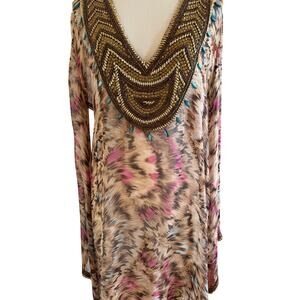 TAJ by Sabrina Crippa Beaded Embellished Silk Kaftan Maxi Dress Size M